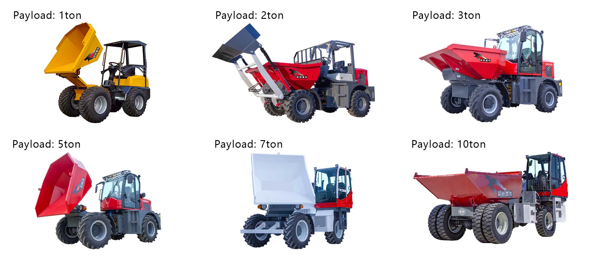 ZHS Site Dumper Product Lineup - 1ton to 10ton payload capacity models
